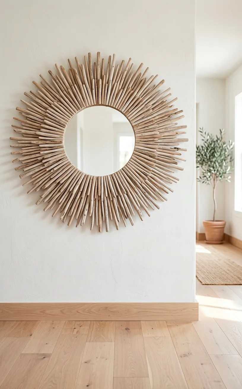 Handmade driftwood sunburst mirror hanging in a bright, modern coastal hallway.