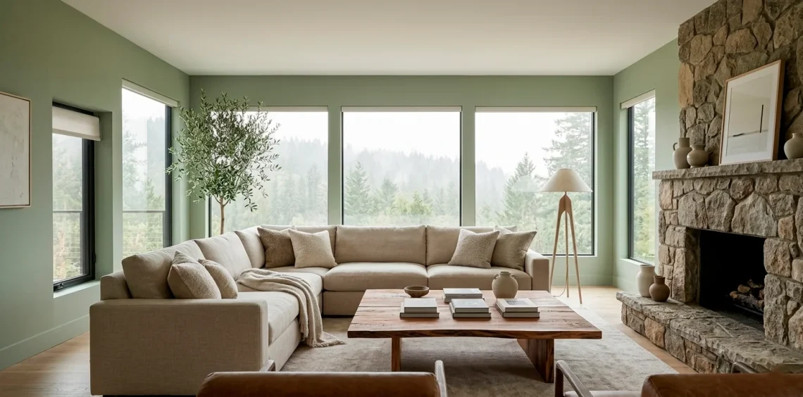 Spacious modern living room with sage green walls and natural wood decor in a calming earthy style.