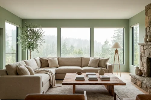 Spacious modern living room with sage green walls and natural wood decor in a calming earthy style.