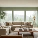 Spacious modern living room with sage green walls and natural wood decor in a calming earthy style.