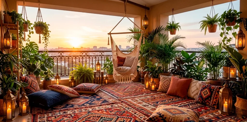 Wide panoramic view of a vibrant boho balcony with layered rugs, colorful pillows, and lush greenery.
