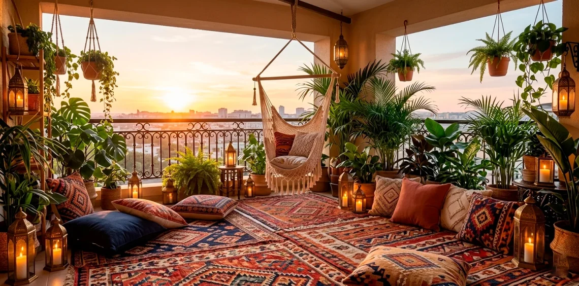 Wide panoramic view of a vibrant boho balcony with layered rugs, colorful pillows, and lush greenery.
