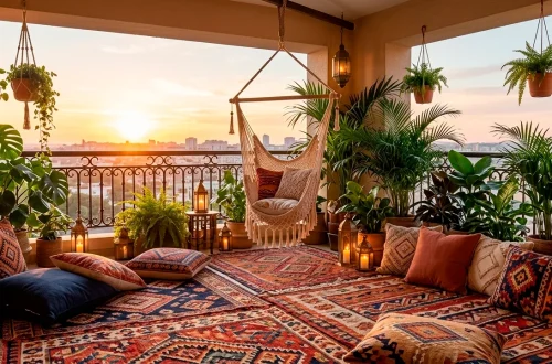 Wide panoramic view of a vibrant boho balcony with layered rugs, colorful pillows, and lush greenery.
