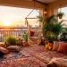 Wide panoramic view of a vibrant boho balcony with layered rugs, colorful pillows, and lush greenery.