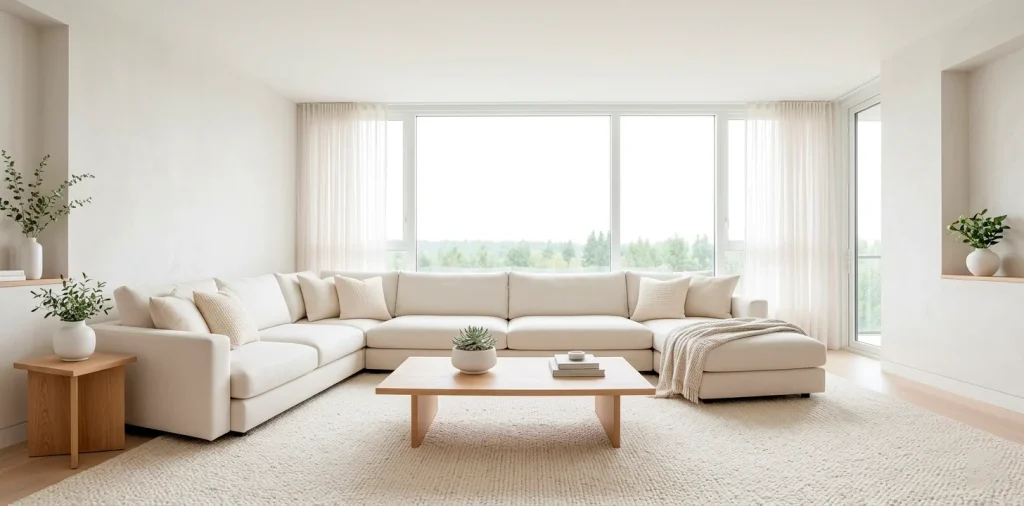 Bright and airy small apartment interior with white decor and natural light for a spacious feel.