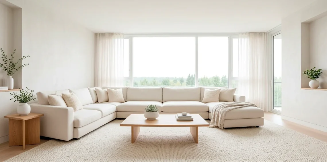 Bright and airy small apartment interior with white decor and natural light for a spacious feel.