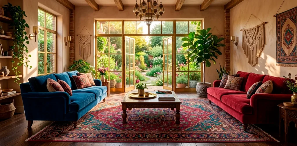 Wide shot of a luxury living room featuring a large vibrant jewel-toned Kilim rug on dark wood floors.