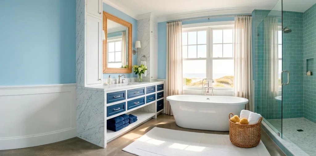 Luxurious wide coastal bathroom with multiple blue and white decor schemes, marble vanity, and seaside vibe.