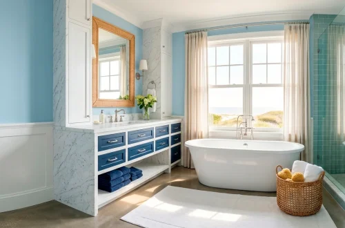 Luxurious wide coastal bathroom with multiple blue and white decor schemes, marble vanity, and seaside vibe.