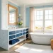 Luxurious wide coastal bathroom with multiple blue and white decor schemes, marble vanity, and seaside vibe.