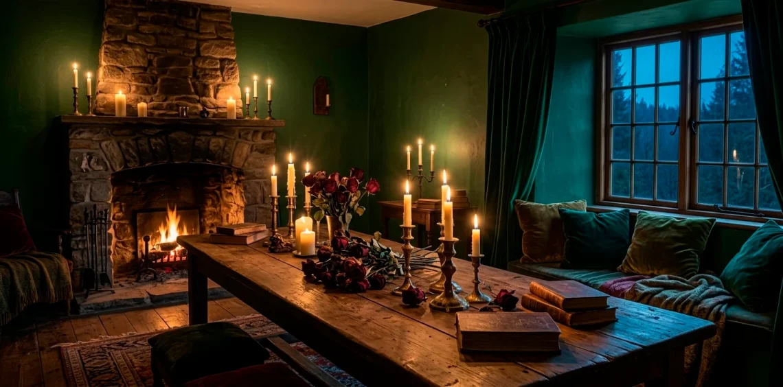 Moody dark cottagecore interior with candlelight, dried roses, and vintage decor for a romantic evening.