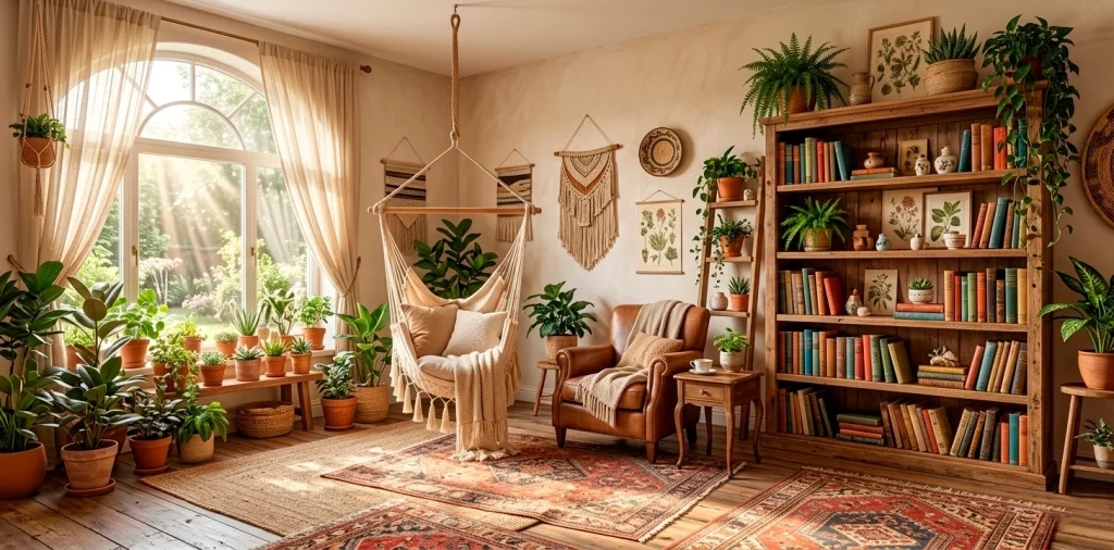 Eclectic boho reading nook with hanging macramé chair, indoor plants, and cozy sun-drenched atmosphere.