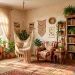 Eclectic boho reading nook with hanging macramé chair, indoor plants, and cozy sun-drenched atmosphere.