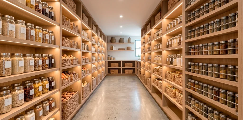 Wide view of an organized pantry with vertical shelving and over-the-door storage solutions in a modern home.