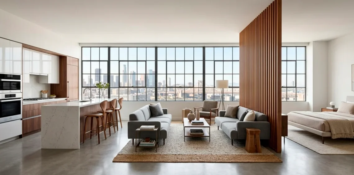 Stylish modern studio apartment showing multi-functional living area and clever zoning in bright natural light.