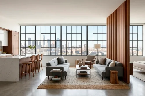 Stylish modern studio apartment showing multi-functional living area and clever zoning in bright natural light.