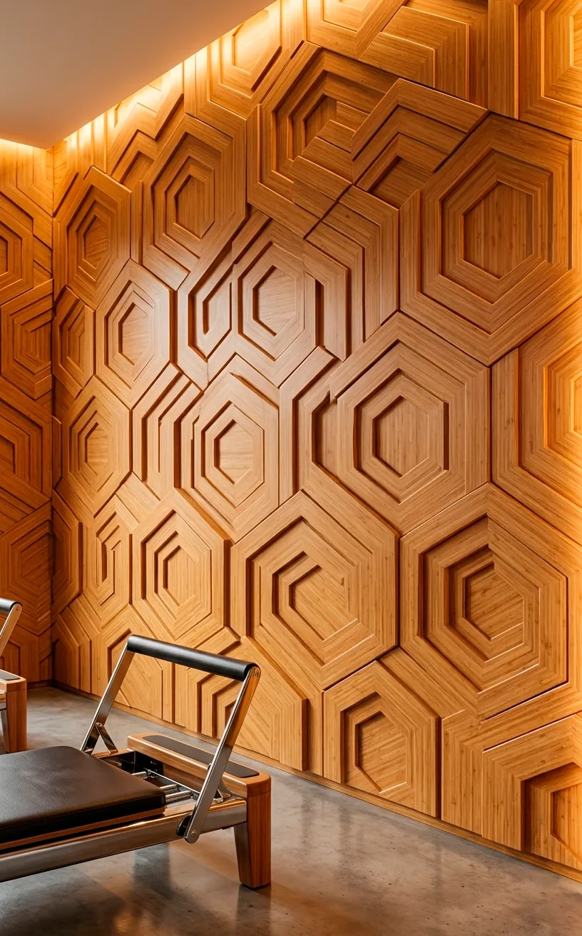 Textured 3D bamboo wall panels in a modern Pilates studio with warm lighting.