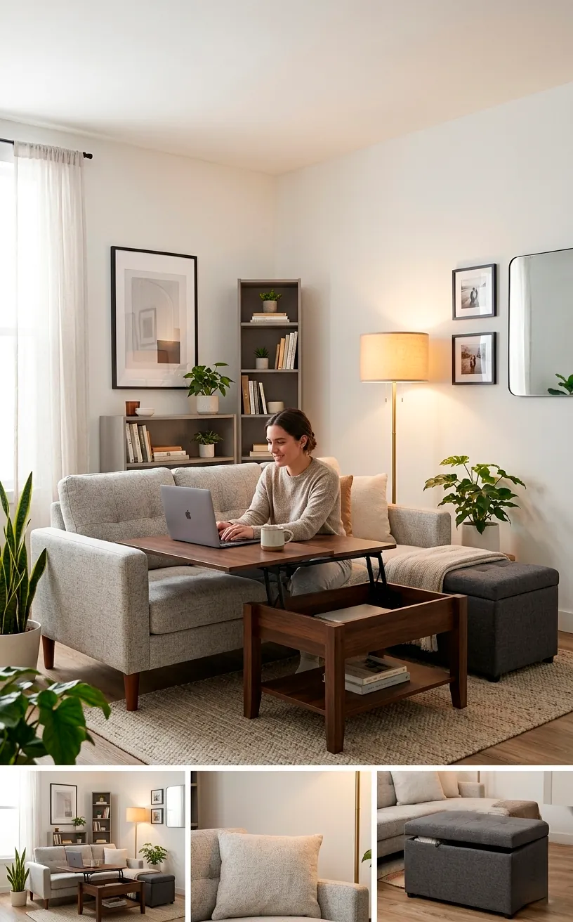 Person using a lift-top coffee table as a workstation in a modern, well-designed studio apartment.