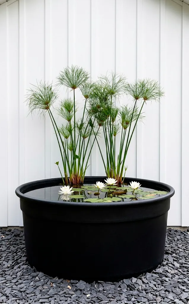 Matte black stock tank pond with papyrus plants against a white shiplap wall.