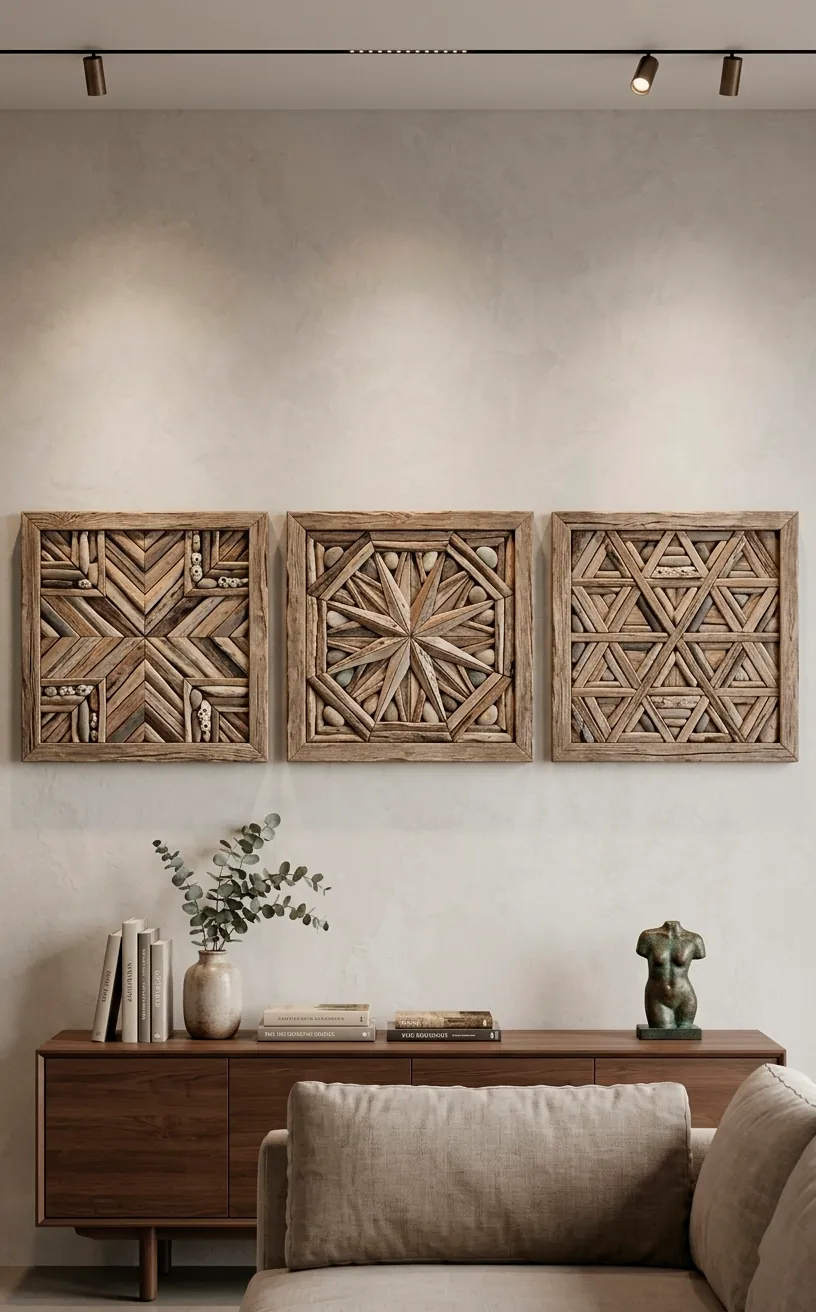 Framed geometric driftwood mosaic art pieces displayed on a neutral living room wall.
