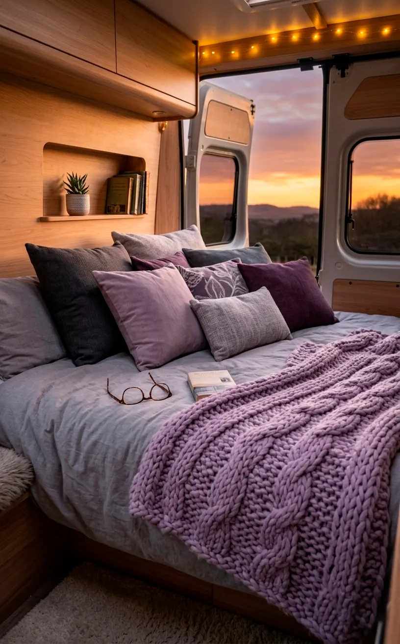 Cozy van bed with stacked lavender and grey pillows and a chunky knit purple throw blanket.
