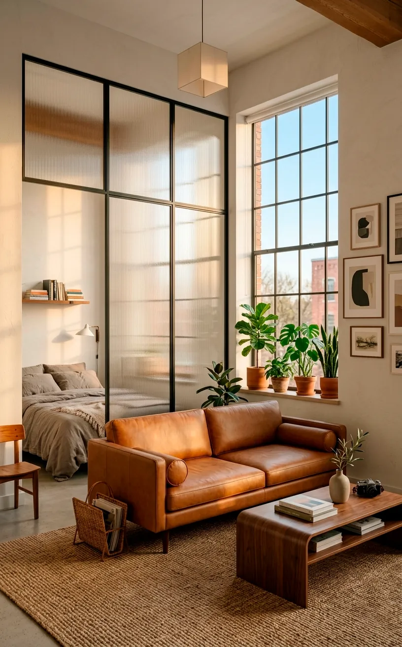 Modern studio with reeded glass partition and mid-century sofa showing clever zoning and natural light.