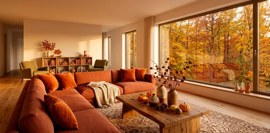 Modern apartment living room decorated with terracotta and burnt orange fall decor and warm sunlight.