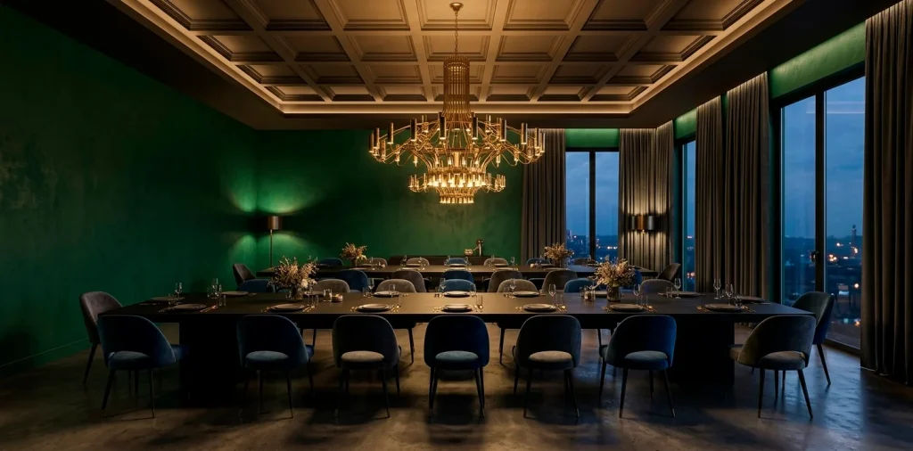 Cinematic moody dining room with emerald green walls, a black oak table, and a large brass chandelier.