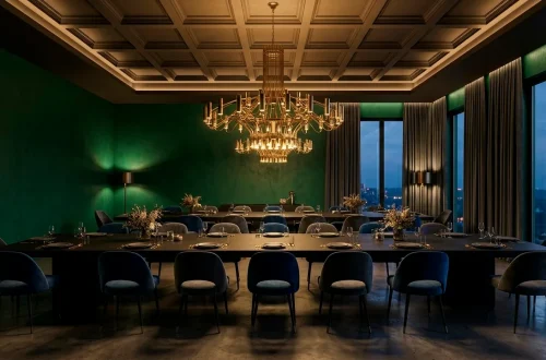 Cinematic moody dining room with emerald green walls, a black oak table, and a large brass chandelier.