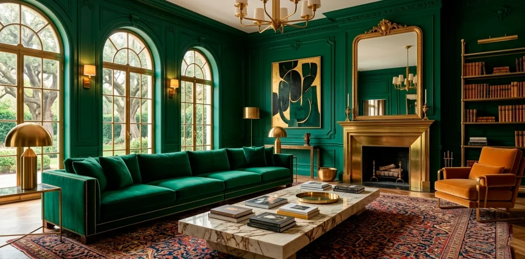 Luxurious emerald green living room with velvet sofa, gold accents, and sophisticated interior decor.