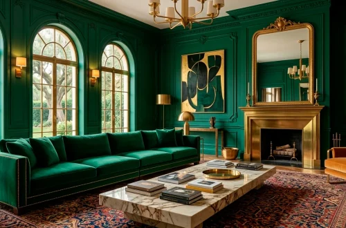 Luxurious emerald green living room with velvet sofa, gold accents, and sophisticated interior decor.