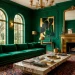 Luxurious emerald green living room with velvet sofa, gold accents, and sophisticated interior decor.