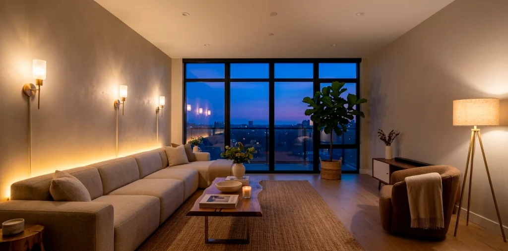 Wide view of a brightened rental living room using layered lighting hacks to eliminate dark corners.