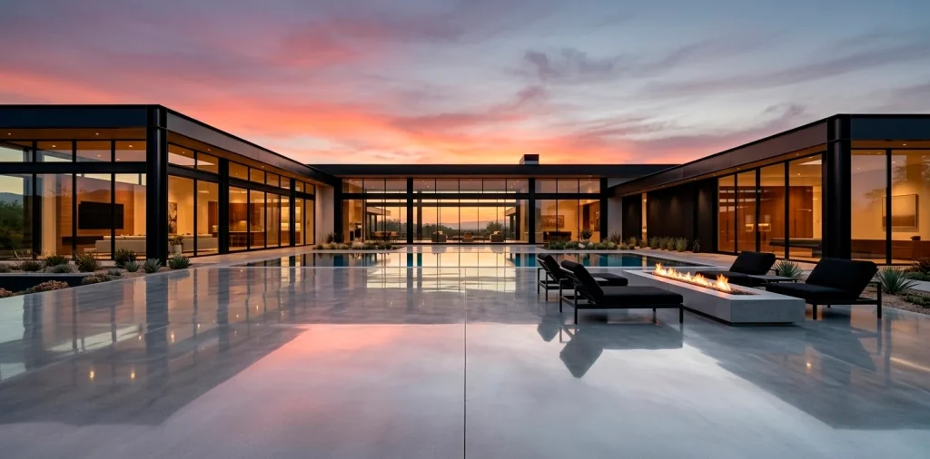 Large modern polished concrete patio with infinity pool and industrial chic architecture at sunset.