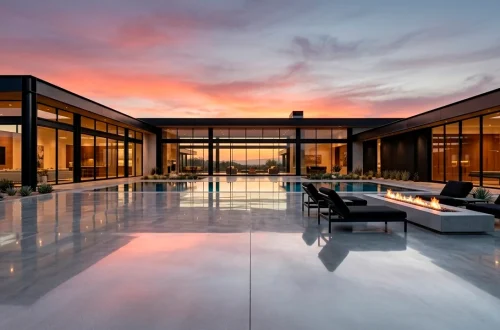 Large modern polished concrete patio with infinity pool and industrial chic architecture at sunset.