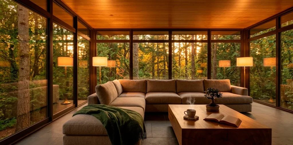 Luxurious private sunroom at sunset with forest views and cozy modern interior decor.