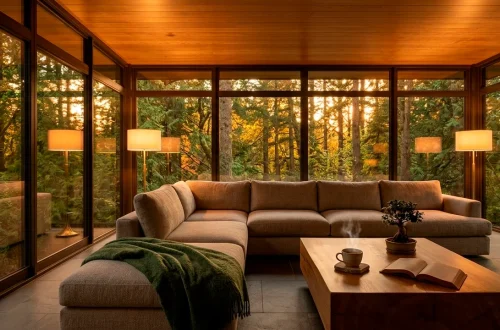 Luxurious private sunroom at sunset with forest views and cozy modern interior decor.