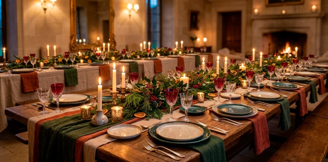 Luxe holiday table setting with layered linen fabrics, glowing candles, and festive greenery centerpiece.