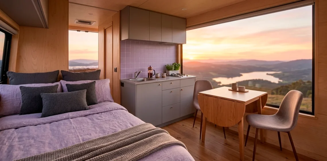 Wide landscape view of a serene van life interior with lavender bedding and moody grey cabinetry at sunset.