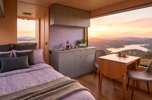 Wide landscape view of a serene van life interior with lavender bedding and moody grey cabinetry at sunset.