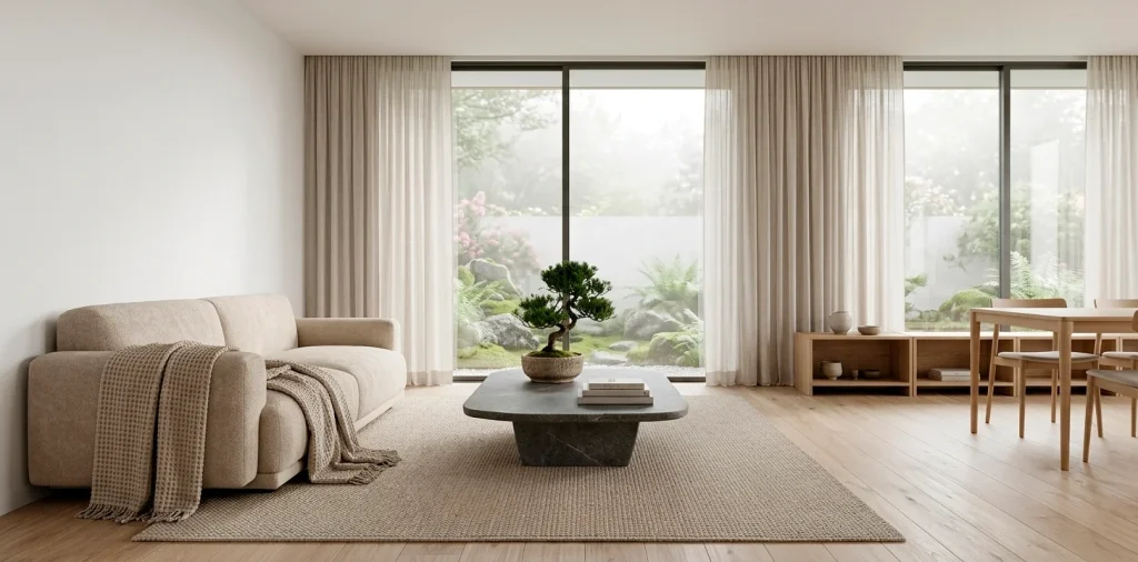 Wide panoramic Japandi living room with light wood furniture, neutral tones, and organic textures in natural light.