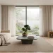 Wide panoramic Japandi living room with light wood furniture, neutral tones, and organic textures in natural light.
