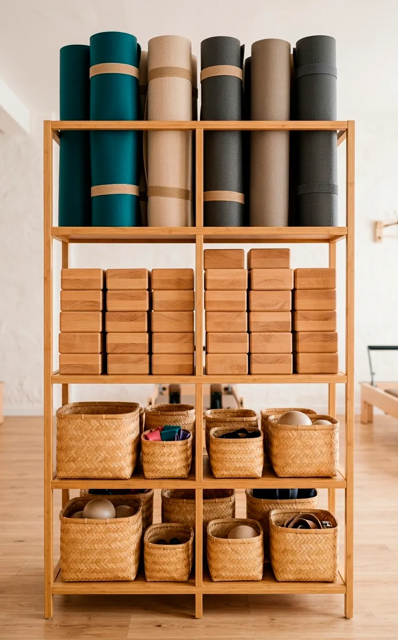 Organized bamboo shelving unit holding yoga mats and Pilates equipment.