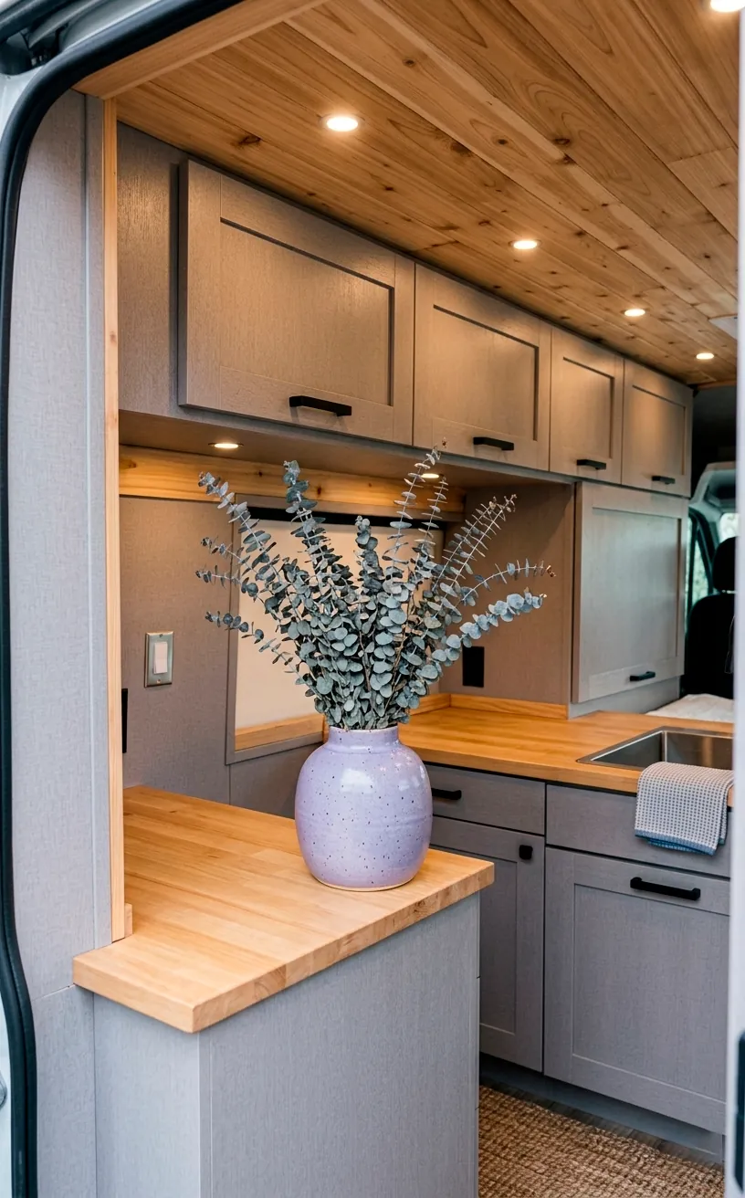 Grey van cabinets with matte black hardware and a lavender vase with dried greenery.