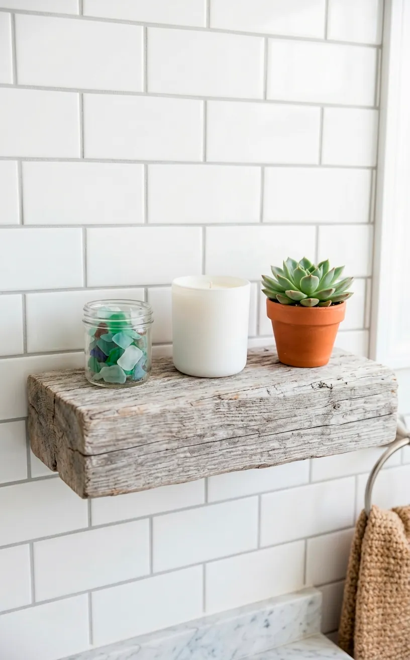 Rustic driftwood floating shelf in a bright bathroom with spa-like decor accents.