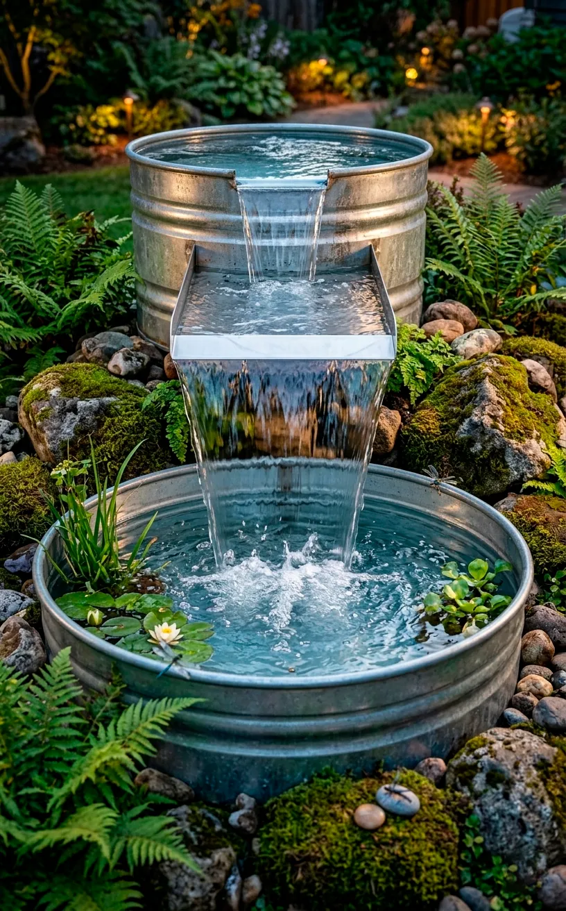 Two-tier stock tank waterfall feature with stainless steel spillway and ferns.