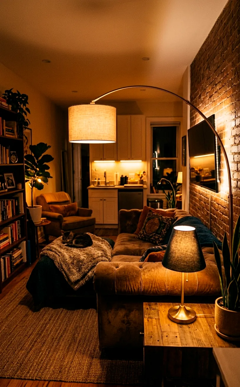 Layered lighting in a studio apartment featuring an arc lamp and warm ambient accent lights.