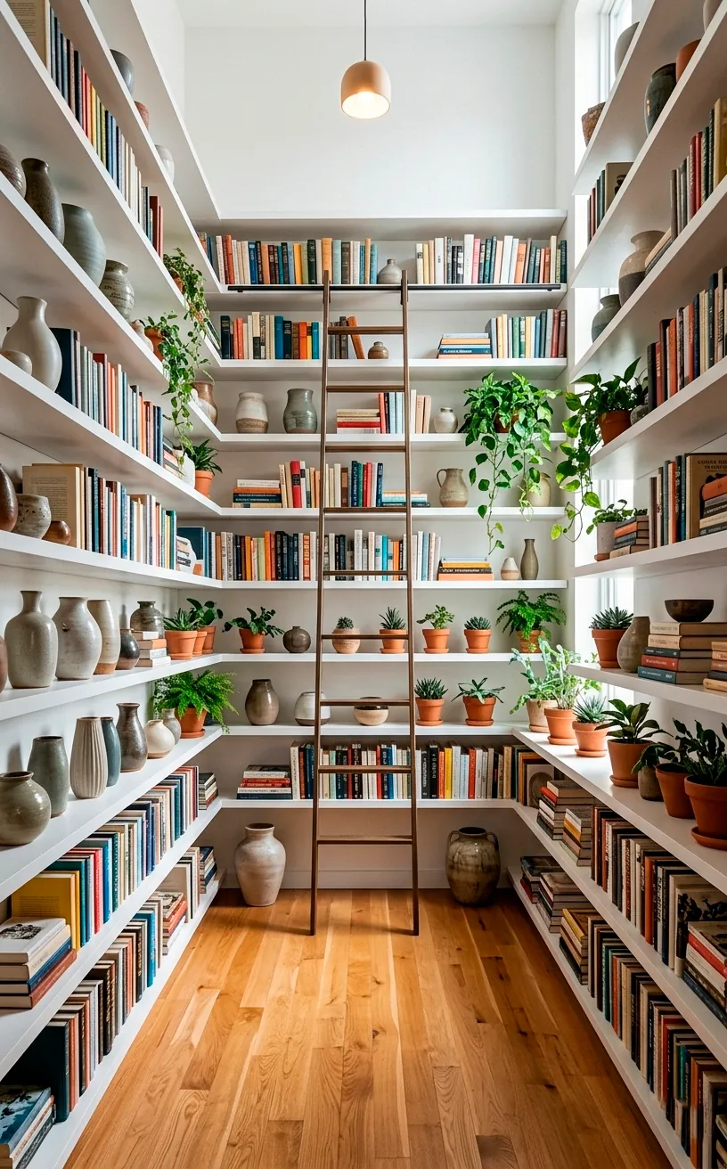 Vertical floor-to-ceiling floating shelves in a small apartment used for storage and decor display.