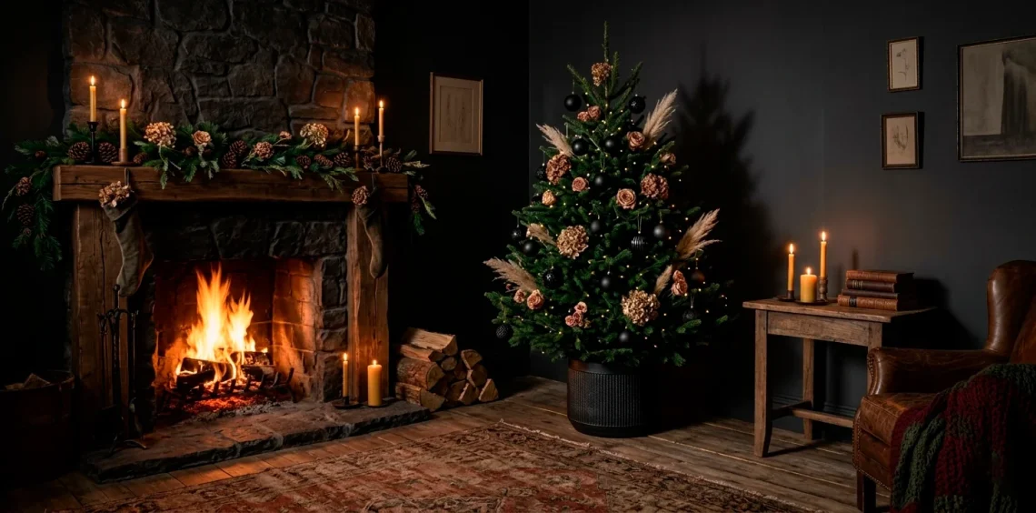 Moody dark cottagecore living room with a lit fireplace and emerald green Christmas tree for 2026 holiday decor.