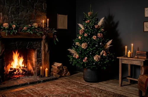 Moody dark cottagecore living room with a lit fireplace and emerald green Christmas tree for 2026 holiday decor.